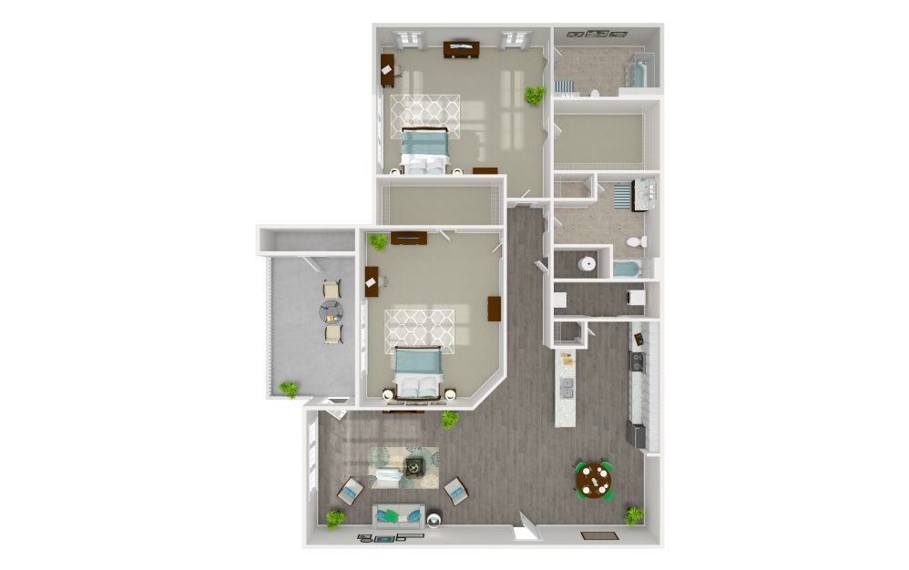 Encore - 2 bedroom floorplan layout with 2 bathrooms and 1206 square feet (3D)