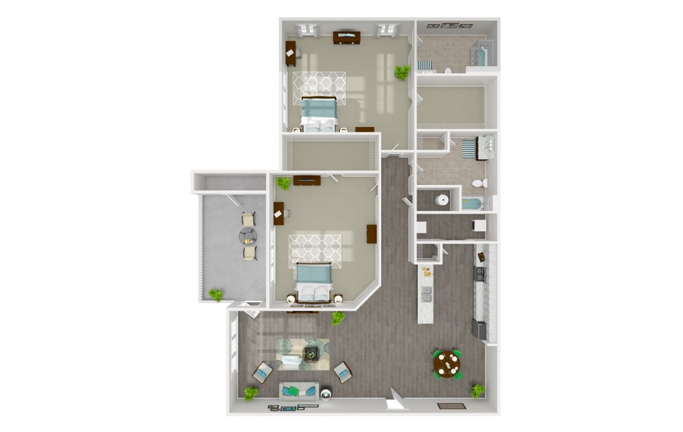 Encore - 2 bedroom floorplan layout with 2 baths and 1206 square feet. (3D)