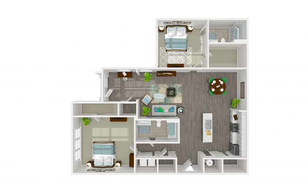 Note - 2 bedroom floorplan layout with 2 baths and 1230 square feet. (2D)