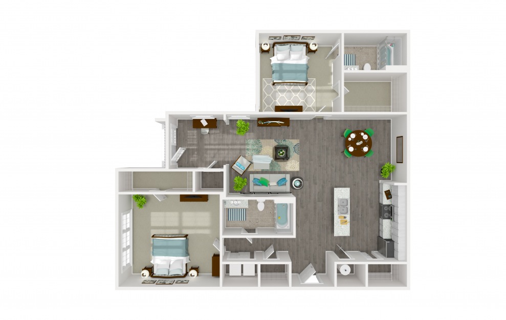 Note - 2 bedroom floorplan layout with 2 baths and 1230 square feet. (3D)