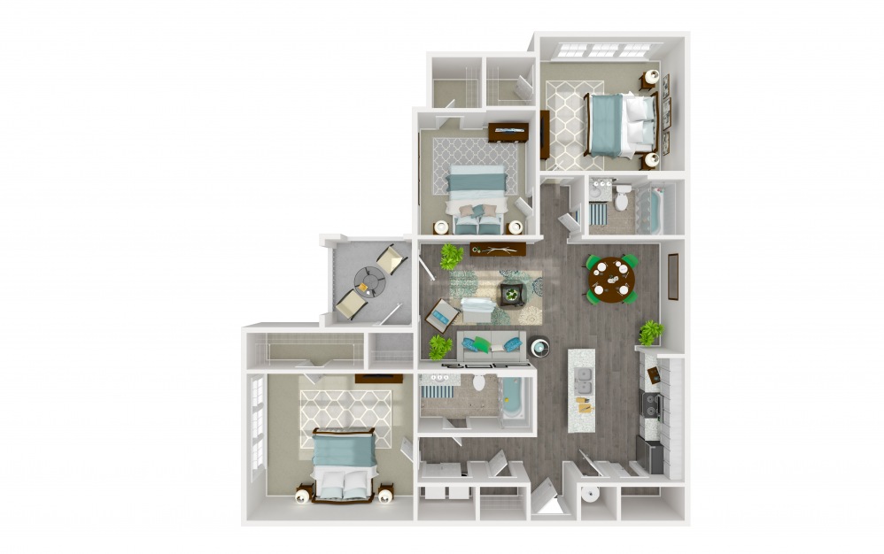 Pitch - 3 bedroom floorplan layout with 2 baths and 1316 square feet. (2D)