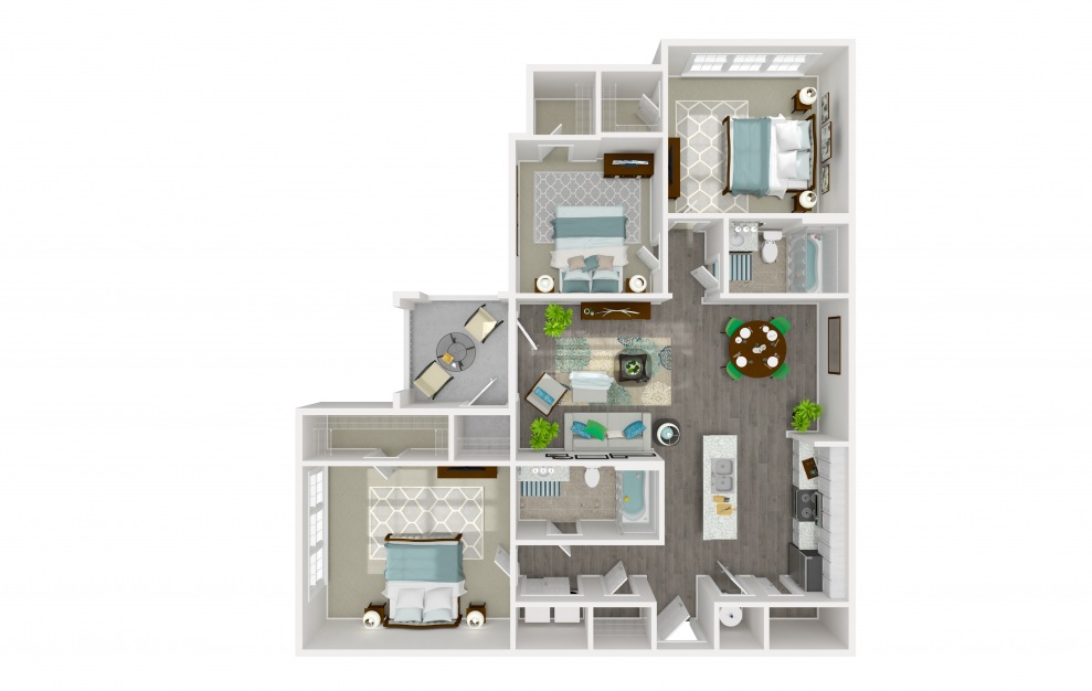 Pitch - 3 bedroom floorplan layout with 2 baths and 1316 square feet. (3D)