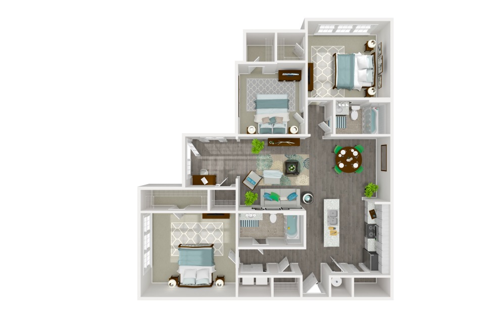 Acoustic - 3 bedroom floorplan layout with 2 bathrooms and 1400 square feet (3D)