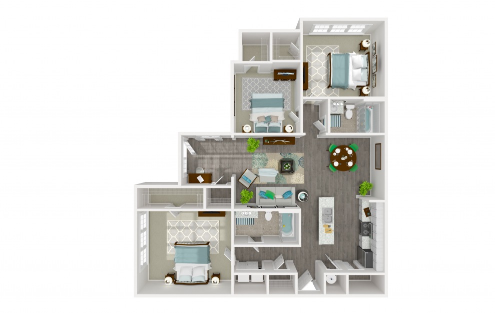 Acoustic - 3 bedroom floorplan layout with 2 baths and 1400 square feet. (3D)